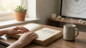 Una persona legge un libro su astrologia e benessere accanto a una tazza di tè caldo
