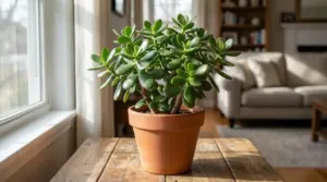 Pianta di albero di giada in vaso su un tavolo di legno vicino a una finestra