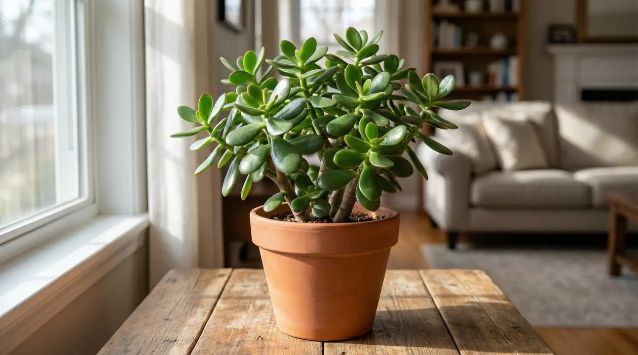 Pianta di albero di giada in vaso su un tavolo di legno vicino a una finestra