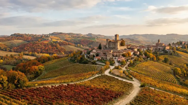 Borgo collinare con vigneti e alberi dai colori autunnali