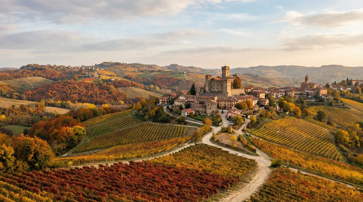 Borgo collinare con vigneti e alberi dai colori autunnali