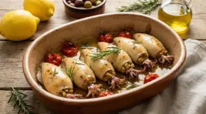 Calamari ripieni al forno con pomodorini e rosmarino in una teglia di terracotta