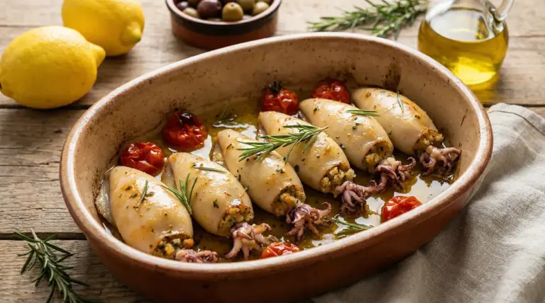 Calamari ripieni al forno con pomodorini e rosmarino in una teglia di terracotta