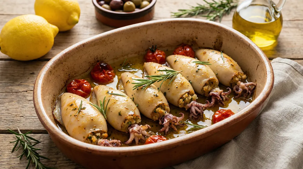 Calamari ripieni al forno con pomodorini e rosmarino in una teglia di terracotta
