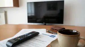Telecomando e documenti sul Canone Rai appoggiati su un tavolo di fronte a una TV spenta