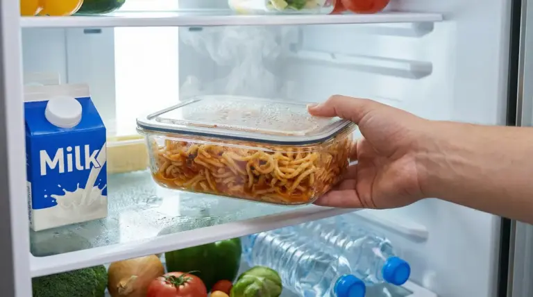 Una mano ripone un contenitore di spaghetti ancora caldi in frigorifero