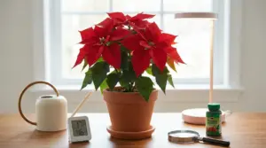 Una stella di Natale in vaso su un tavolo con strumenti per la cura delle piante