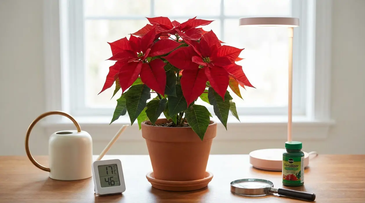 Una stella di Natale in vaso su un tavolo con strumenti per la cura delle piante