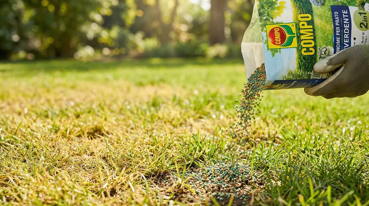 Concime granulare su prato giallo e diradato in un giardino soleggiato