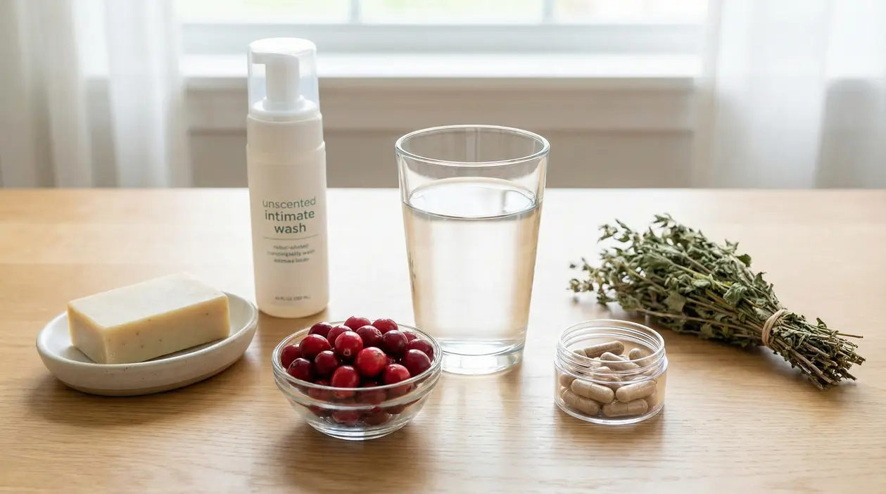 Rimedi naturali e prodotti per la prevenzione delle infezioni urinarie su un tavolo