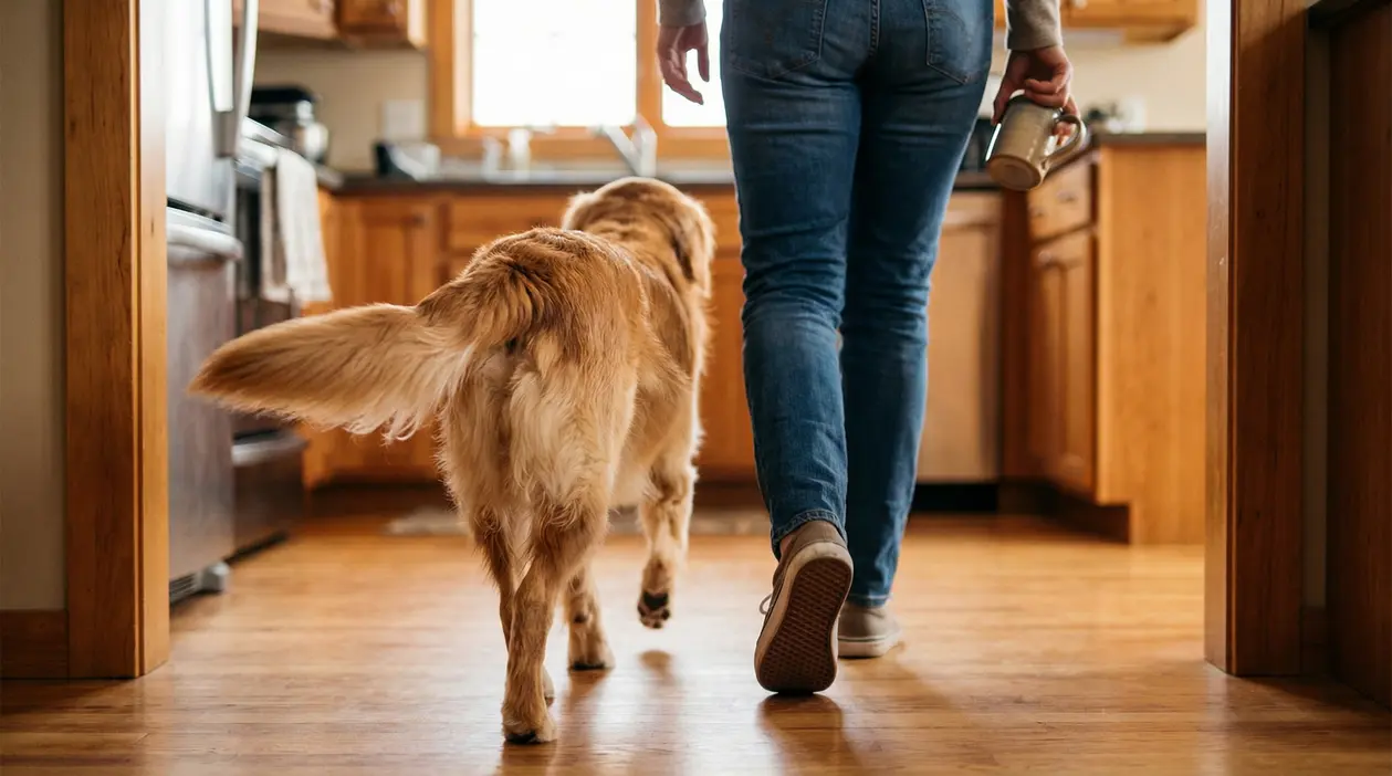 Un cane segue una persona in una cucina con pavimento in legno