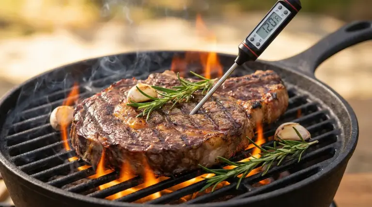 Bistecca alla griglia con termometro da cucina e rametti di rosmarino