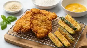 Frittura croccante di carne impanata e zucchine su griglia da cucina