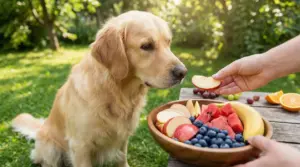 Cane osserva una ciotola di frutta fresca in giardino