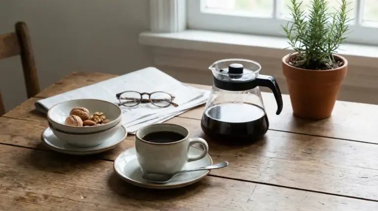 Tazza di caffè nero su un tavolo di legno con caraffa, noci e giornale