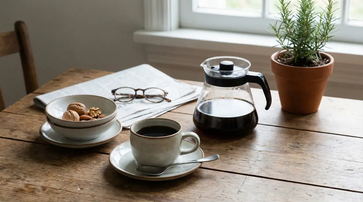 Tazza di caffè nero su un tavolo di legno con caraffa, noci e giornale