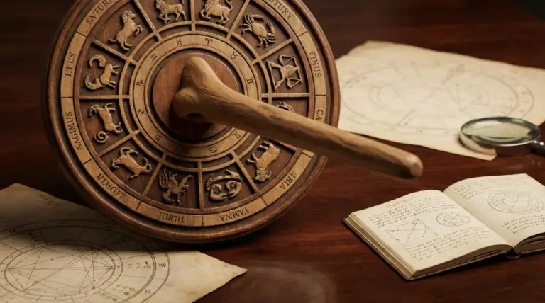 Ruota zodiacale in legno su un tavolo con libri e mappe astrologiche