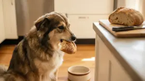 Cane con un pezzo di pane in bocca vicino a un tavolo in cucina