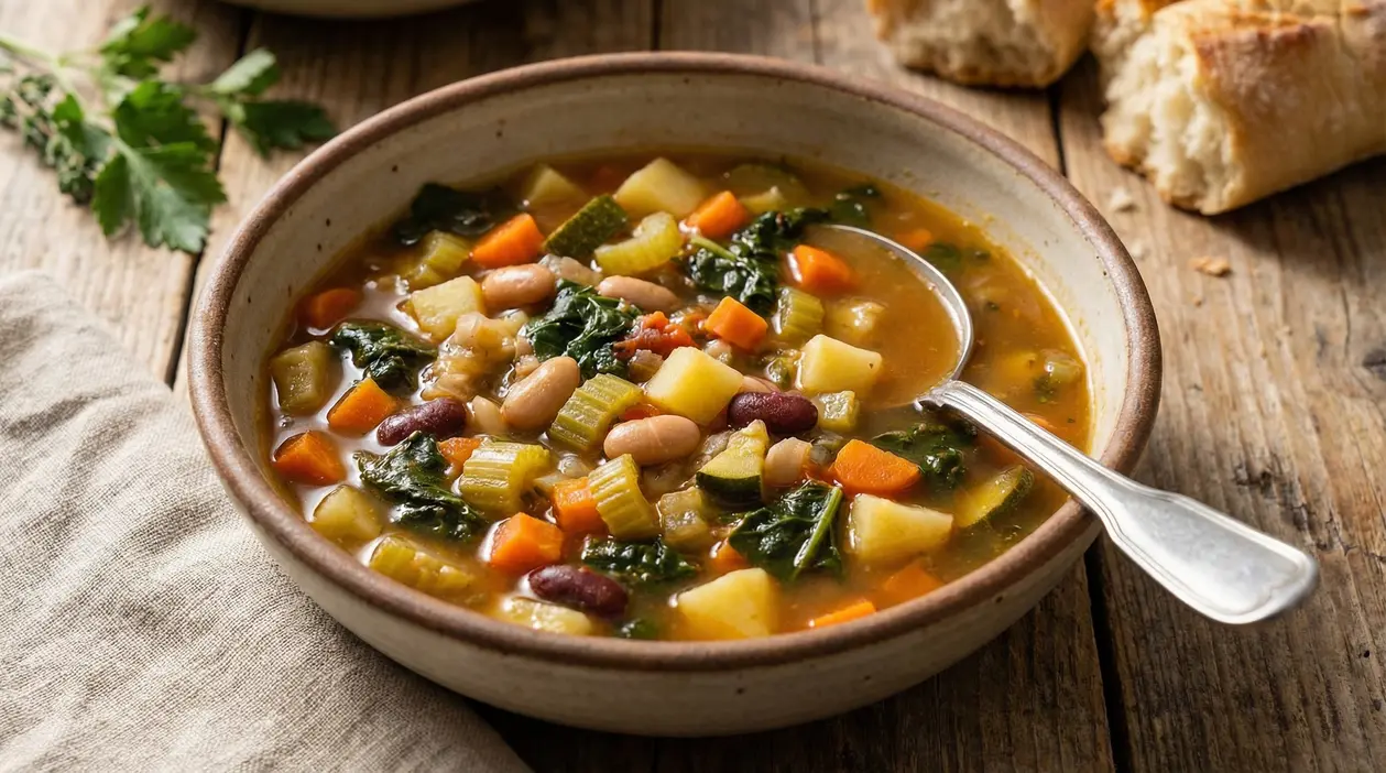 Ciotola di minestrone con verdure fresche e legumi su tavolo rustico
