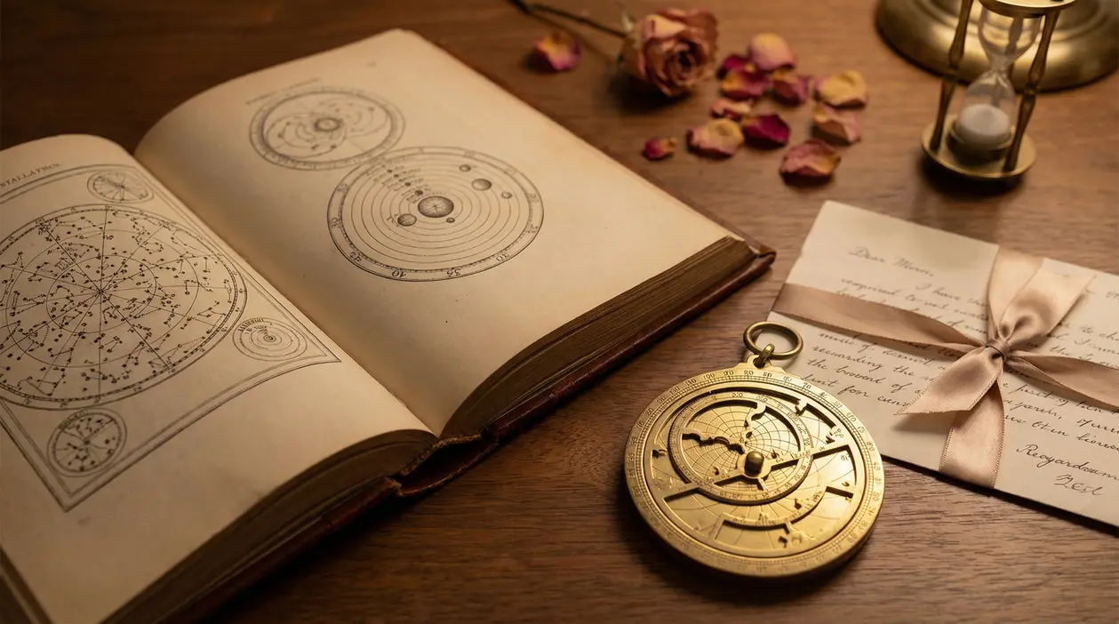 Libro antico con diagrammi astrologici, uno strumento dorato e una lettera su un tavolo di legno