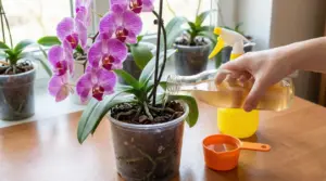 Una mano versa un liquido chiaro in un vaso con un'orchidea in fiore