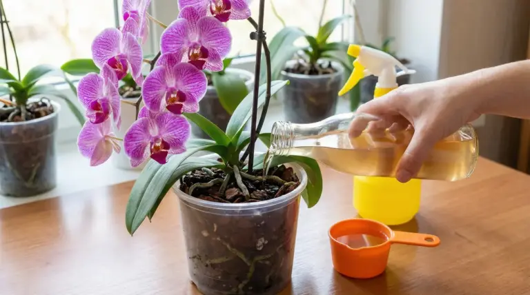 Una mano versa un liquido chiaro in un vaso con un'orchidea in fiore