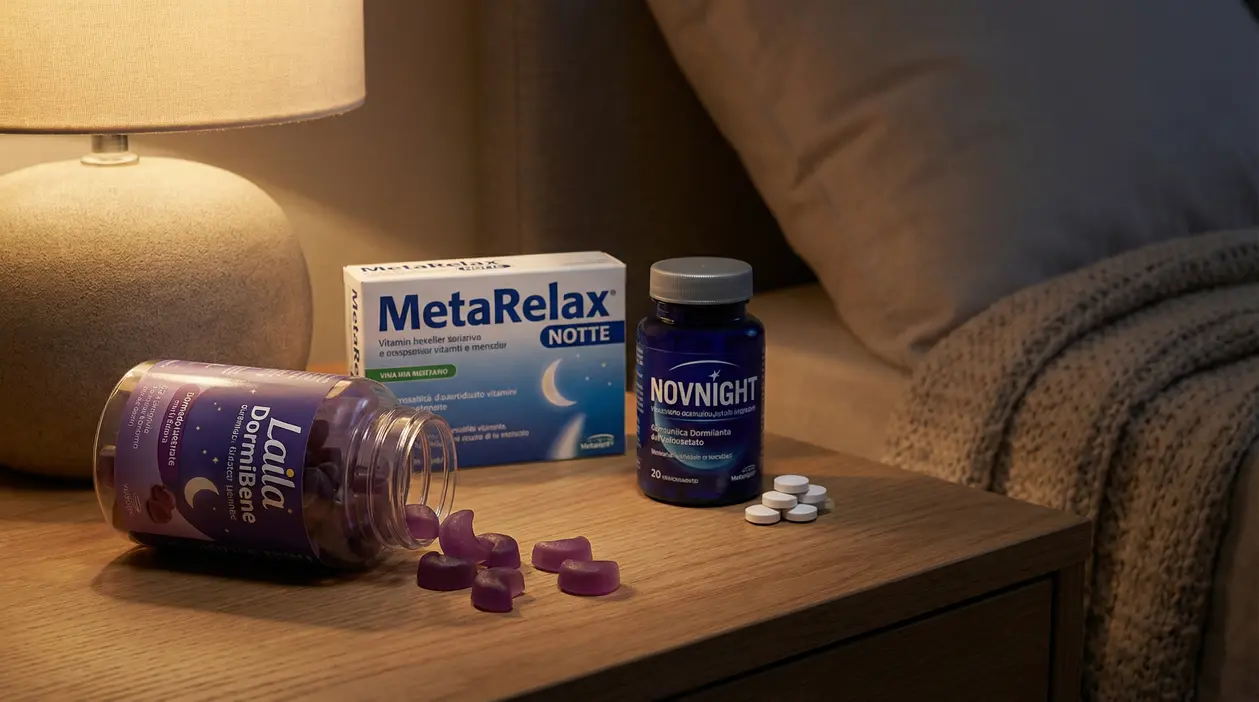 Integratori per il sonno su un comodino accanto a un letto e una lampada accesa
