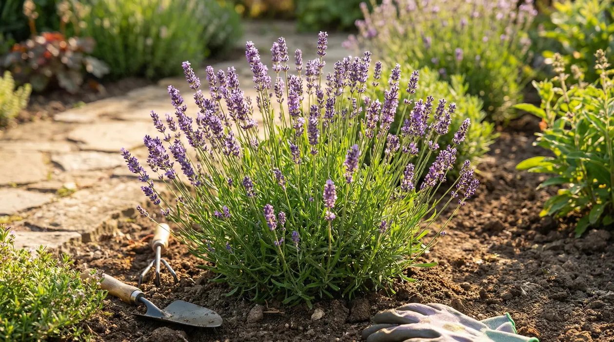 Arbusto di lavanda in fiore piantato in un giardino soleggiato con attrezzi da giardinaggio