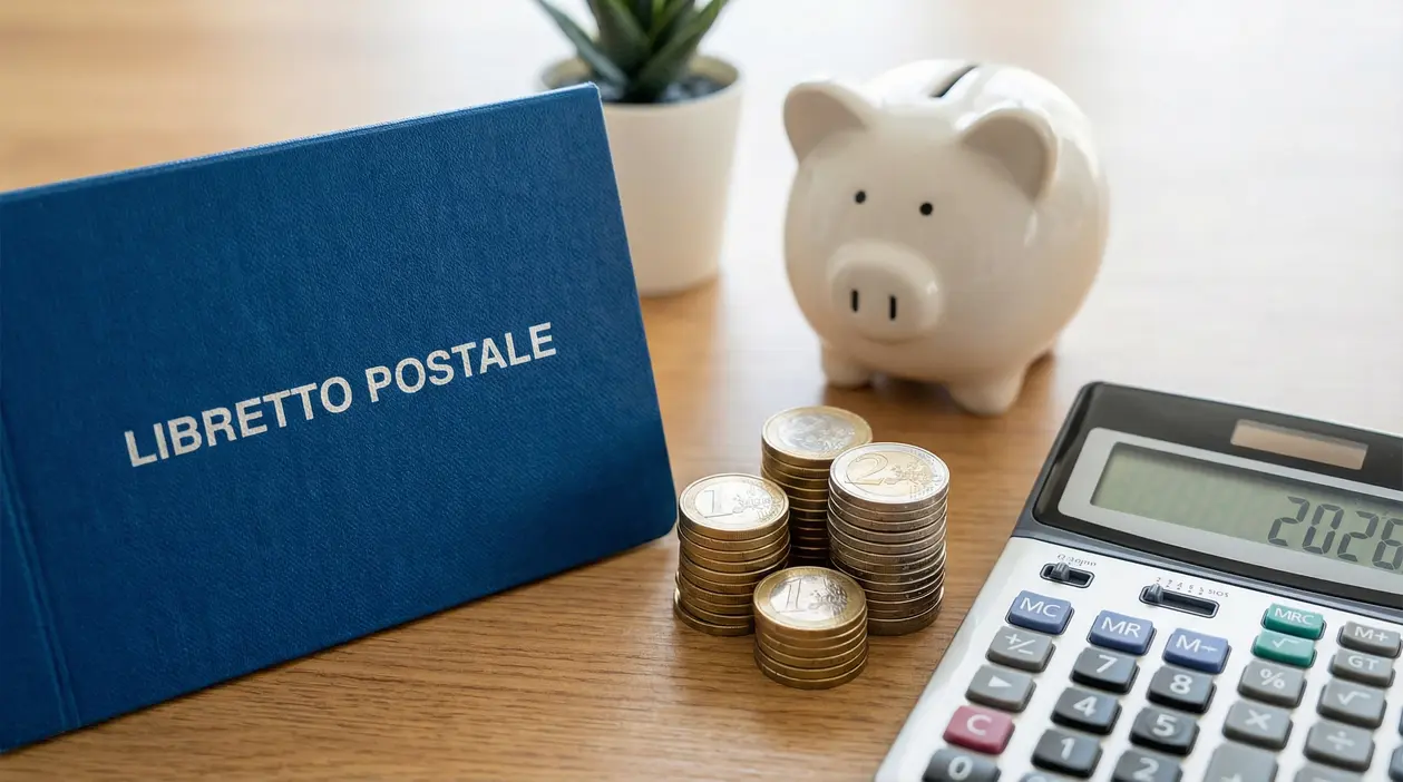 Libretto postale con monete, salvadanaio e calcolatrice su un tavolo