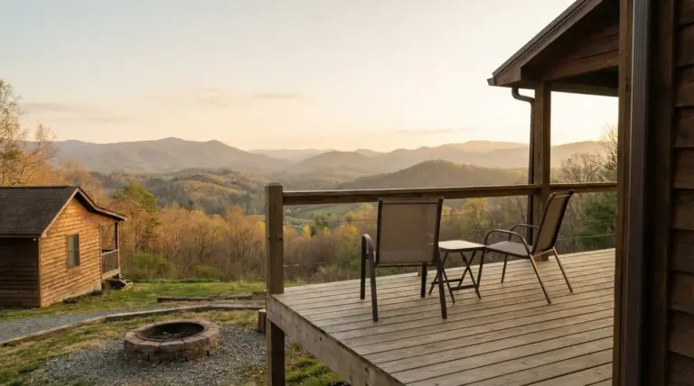 Terrazza in legno con sedie che si affaccia su un paesaggio montano al tramonto