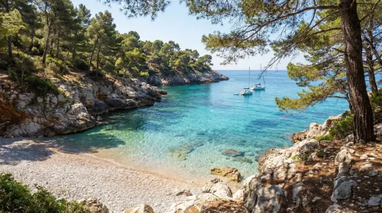 Cala nascosta con acqua turchese e barche a vela ormeggiate, circondata da pini e rocce