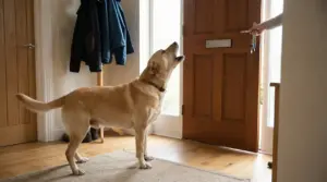 Cane che abbaia vicino alla porta d'ingresso mentre una persona sta uscendo di casa