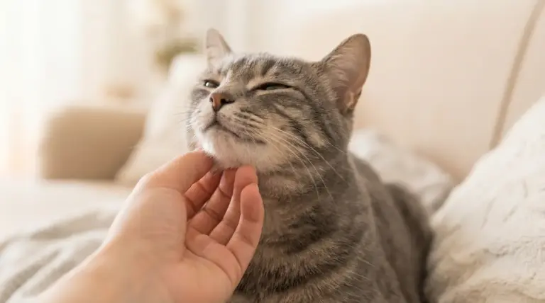 Gatto grigio tigrato che fa le fusa mentre viene accarezzato sotto il mento su un divano