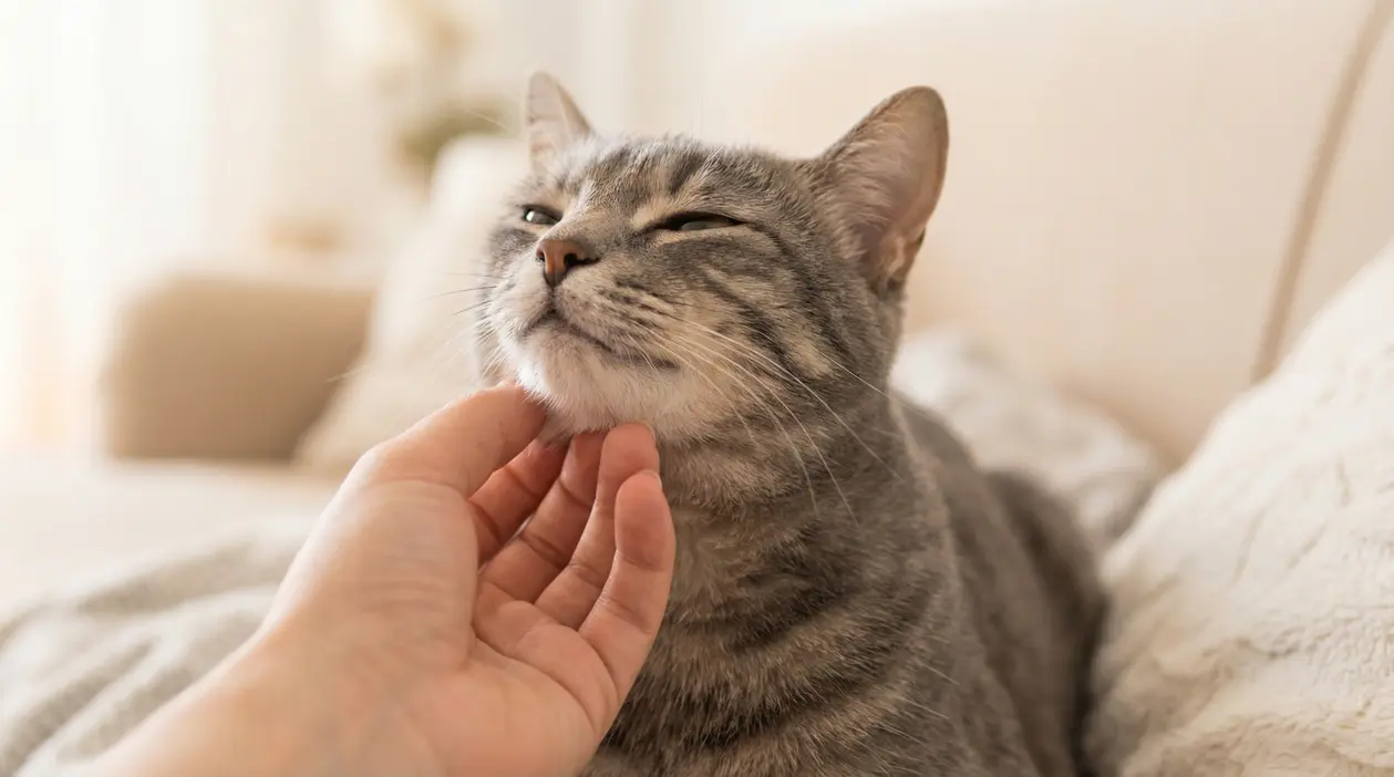 Gatto grigio tigrato che fa le fusa mentre viene accarezzato sotto il mento su un divano