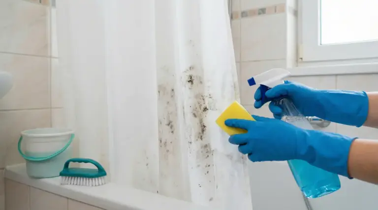 Mani con guanti che puliscono la tenda della doccia con muffa usando spray e spugna