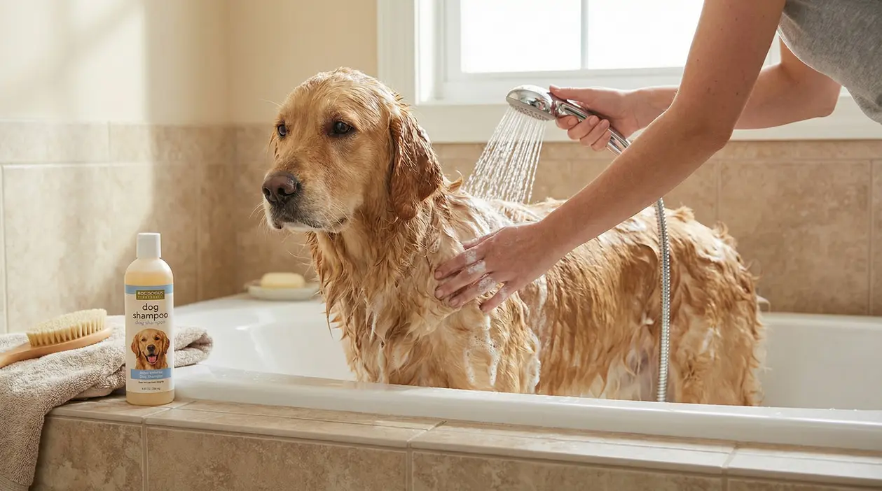Cane bagnato mentre viene lavato in vasca da bagno con doccetta a mano