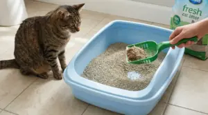 Gatto vicino a una lettiera mentre una mano raccoglie la sabbia con una paletta verde