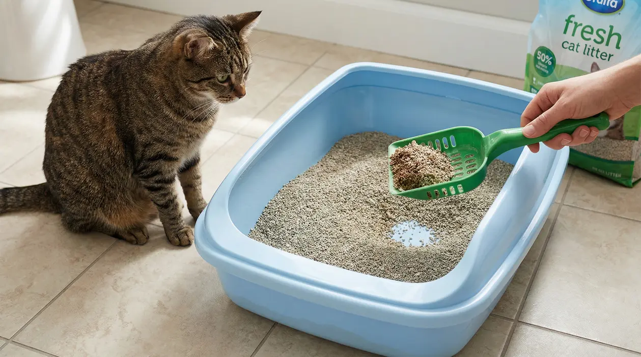 Gatto vicino a una lettiera mentre una mano raccoglie la sabbia con una paletta verde