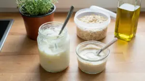 Barattoli di yogurt su un piano da cucina con avena, olio e una pianta in vaso