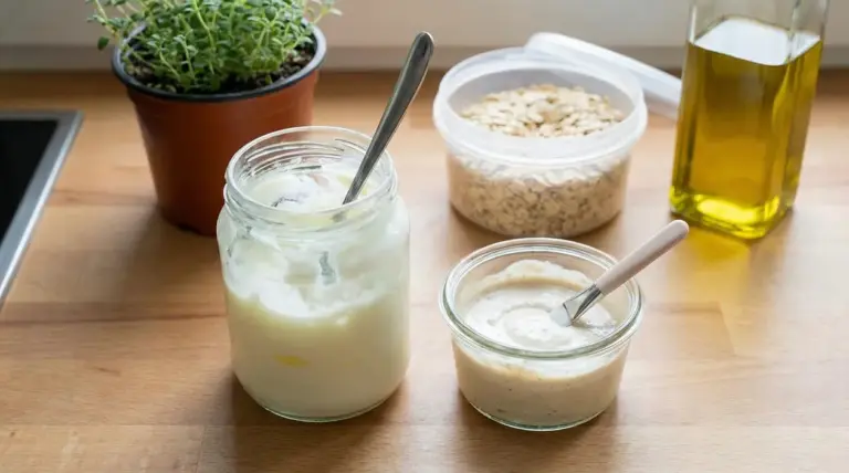 Barattoli di yogurt su un piano da cucina con avena, olio e una pianta in vaso