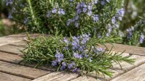 Rametto di rosmarino con fiori viola appoggiato su un tavolo di legno all'aperto