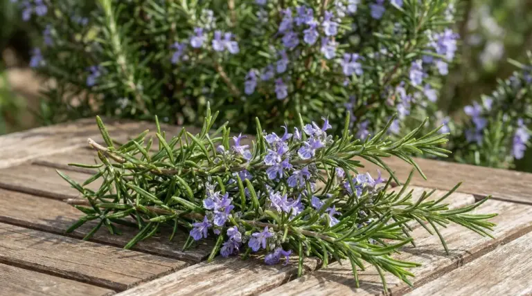Rametto di rosmarino con fiori viola appoggiato su un tavolo di legno all'aperto