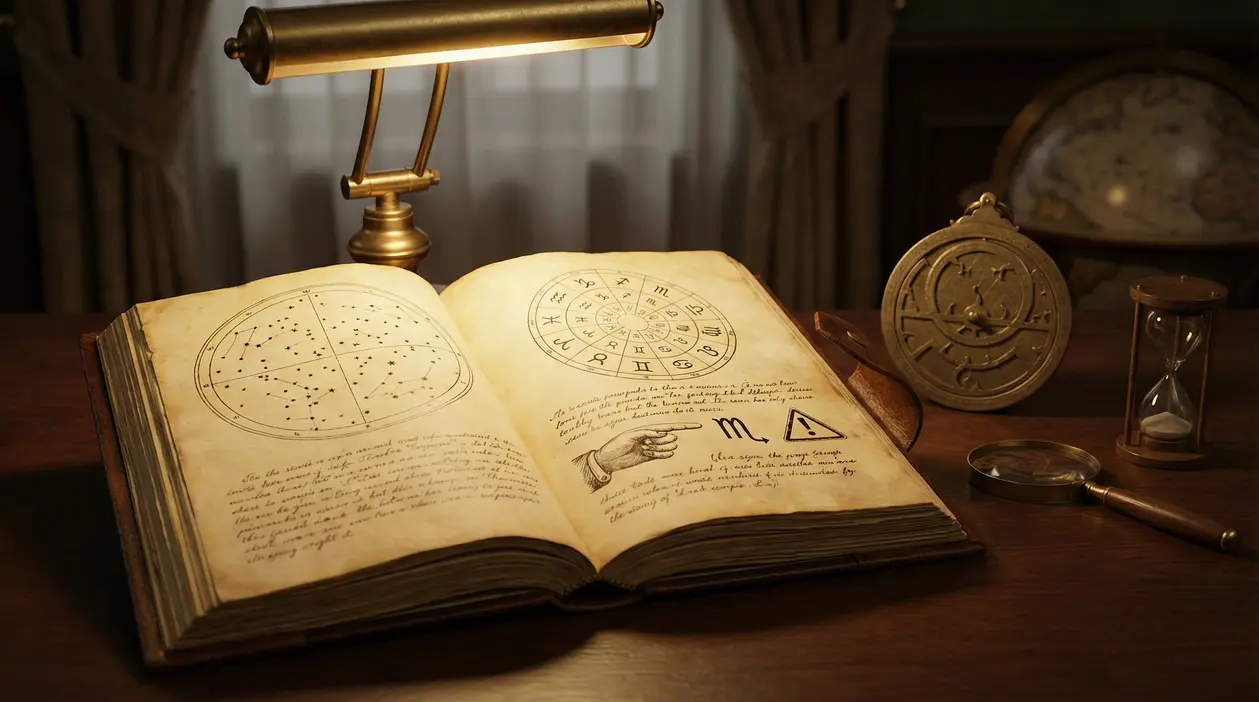 Libro antico aperto con simboli zodiacali su una scrivania illuminata da una lampada