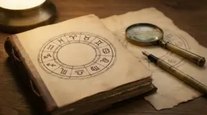 Vecchio libro aperto con simboli zodiacali accanto a una lente d'ingrandimento e una penna