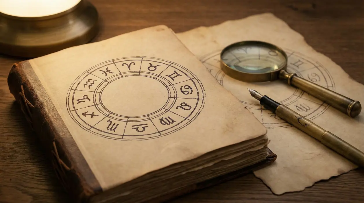 Vecchio libro aperto con simboli zodiacali accanto a una lente d'ingrandimento e una penna