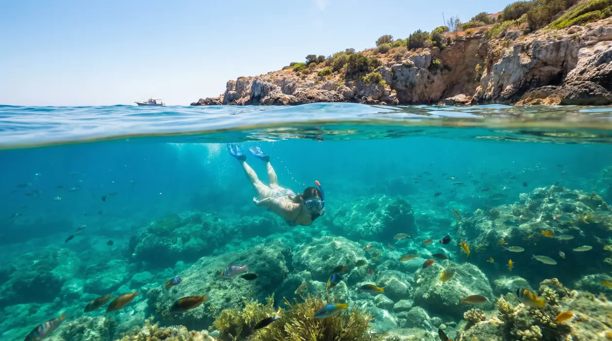 Persona che fa snorkeling in acque cristalline vicino a una costa rocciosa con pesci colorati