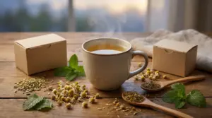 Tazza di tisana calda con camomilla, finocchio e menta su un tavolo rustico