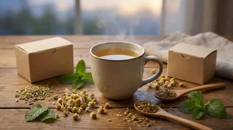 Tazza di tisana calda con camomilla, finocchio e menta su un tavolo rustico