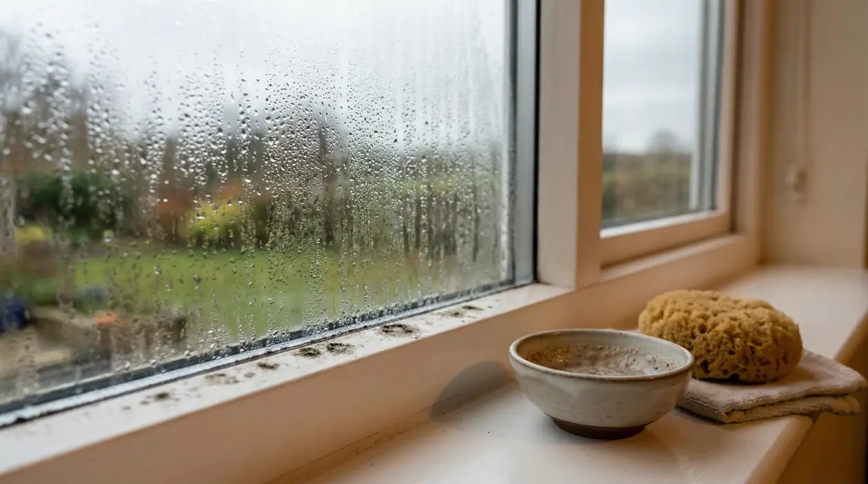 Una persona pulisce un vetro appannato e con muffa utilizzando un panno