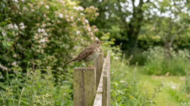 Uccello marrone con petto maculato posato su una staccionata in un giardino verde